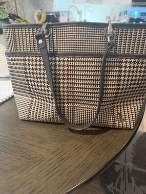 Tweed Houndstooth Tote Bag with Dark Brown Trim